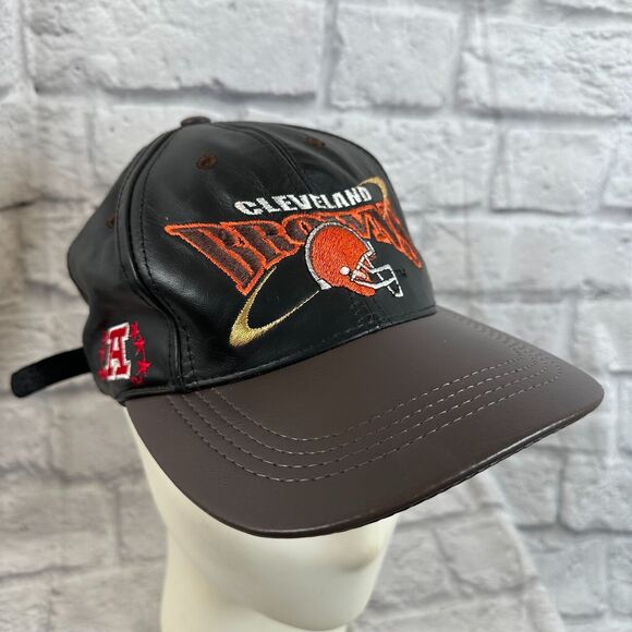 VTG NFL Cleveland Browns Embroidered Leather Cap Hat One-Size Adjustable Back - Picture 1 of 9